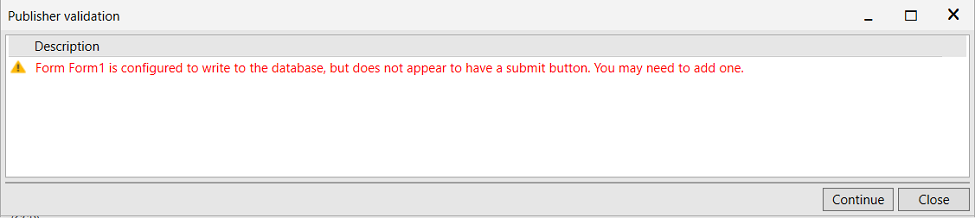 Picture showing a Publish warning. 